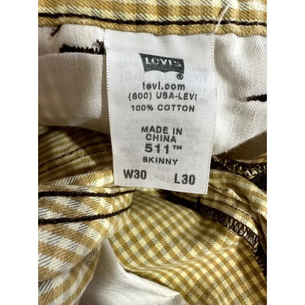 LEVI'S Unisex 511 Cotton Gingham Checker Print Skinny Trouser Jeans Tan Size 30